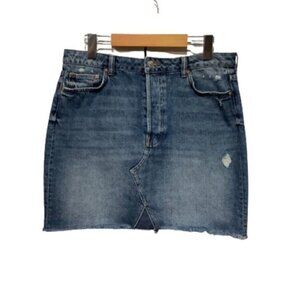 H&M L O G G DENIM SKIRT WITH BUTTON‎ FLY AND FRINGED HEM SIZE L